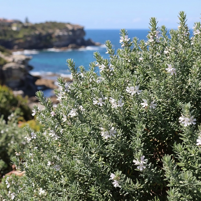 Coastal Rosemary (Westringia fruticosa), a low-maintenance green shrub with small white flowers, is shown in focus against a backdrop of coastal cliffs and blue ocean.