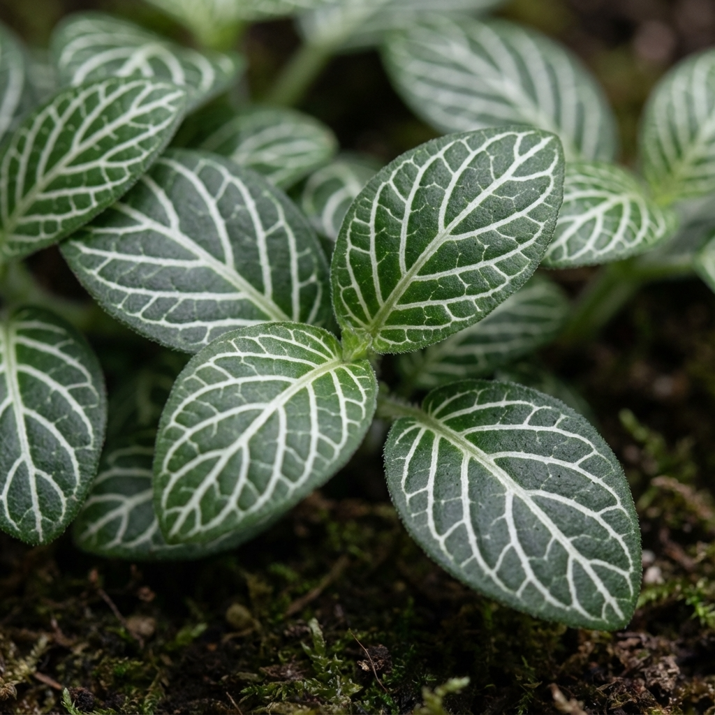 Green leaves with white veins grow close together on soil with patches of moss, highlighting the delicate beauty of the White Angel Fittonia - Fittonia 'White Angel', a popular low-light indoor foliage plant.