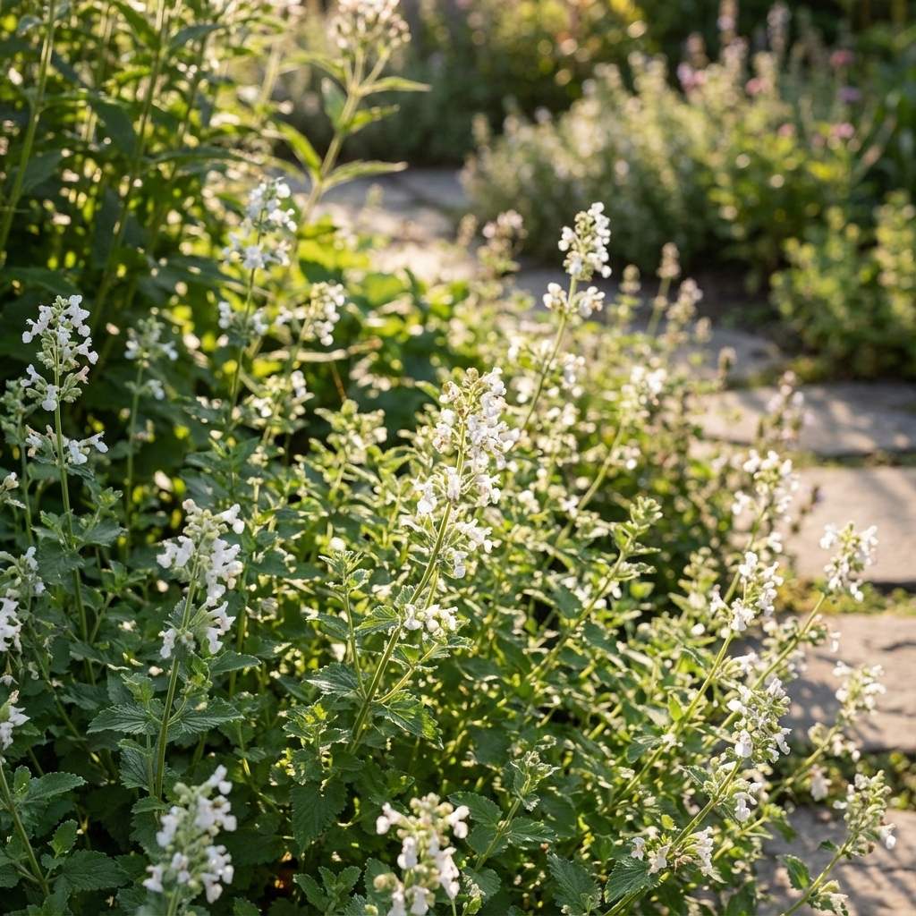 White Catmint - Nepeta ‘Snowflake’, a drought-tolerant perennial, blooms along sunlit stone paths, adding beauty and attracting pollinators to the garden.