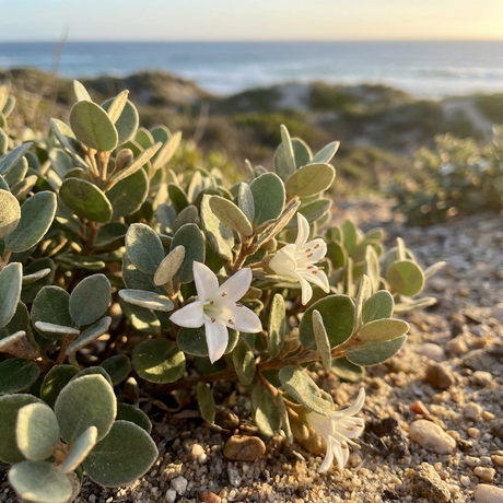 White Correa - Correa alba is a coastal tolerant Australian native shrub with white flowers on leafy stems, thriving in sandy beach soils at sunset.