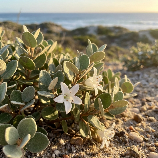 White Correa - Correa alba is a coastal tolerant Australian native shrub with white flowers on leafy stems, thriving in sandy beach soils at sunset.