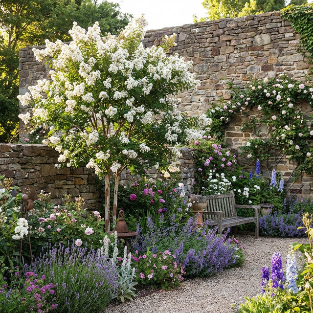 A garden bench sits among blooming flowers and trees, including the drought-tolerant White Crepe Myrtle - Lagerstroemia 'Natchez', beside a rustic stone wall on a sunny day.