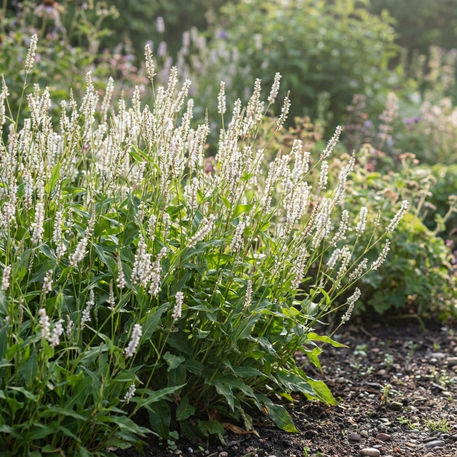 Sunlit garden with green plants and tall white flower spikes of Persicaria amplexicaulis 'White Eastfield'—perfect for perennial borders and pollinator friendly too.