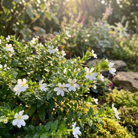 Sunlight illuminates the small white blooms and green foliage of White False Heather - Cuphea hyssopifolia 'White', set among moss and rocks in a lush garden.