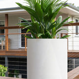 A White Gavin Cylinder planter in various sizes holds a potted green plant on an outdoor deck, with a house visible in the background.