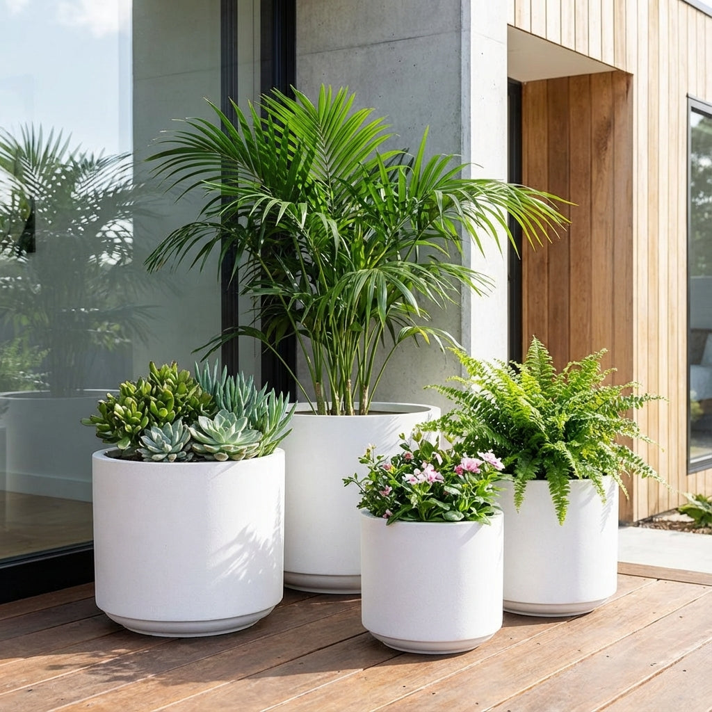 Four White Harper Drum Planters in various sizes, filled with green plants and flowers, decorate a wooden deck outside a modern building.