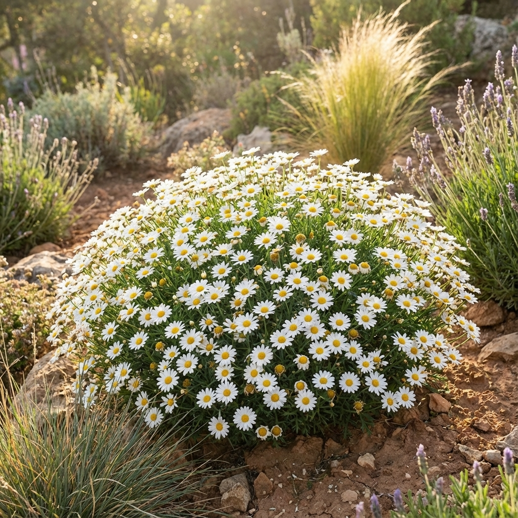 The White Marguerite Daisy - Argyranthemum ‘White’ (Argyranthemum frutescens) brings easy beauty to a sunlit garden, pairing well with grasses and lavender for a striking, low-maintenance display.