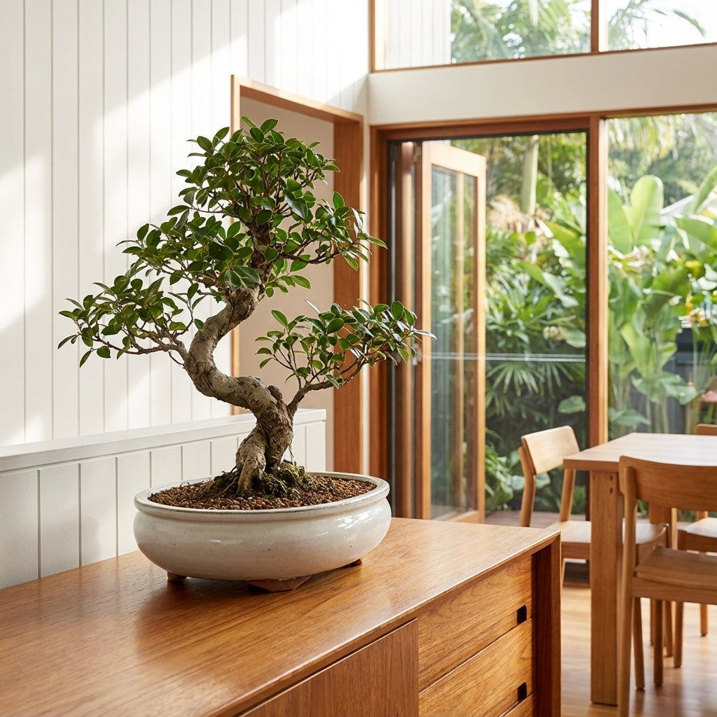 A bonsai tree in a White Oval Izumi Bonsai Pot sits on a wooden sideboard in a bright, sunny room with open glass doors.