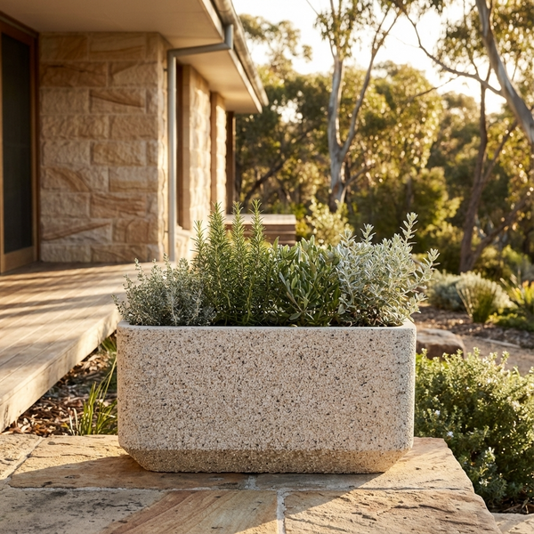 A White Pebble Harper Trough, available in various sizes, filled with herbs, sits on a patio outside a house, surrounded by trees and lush greenery.