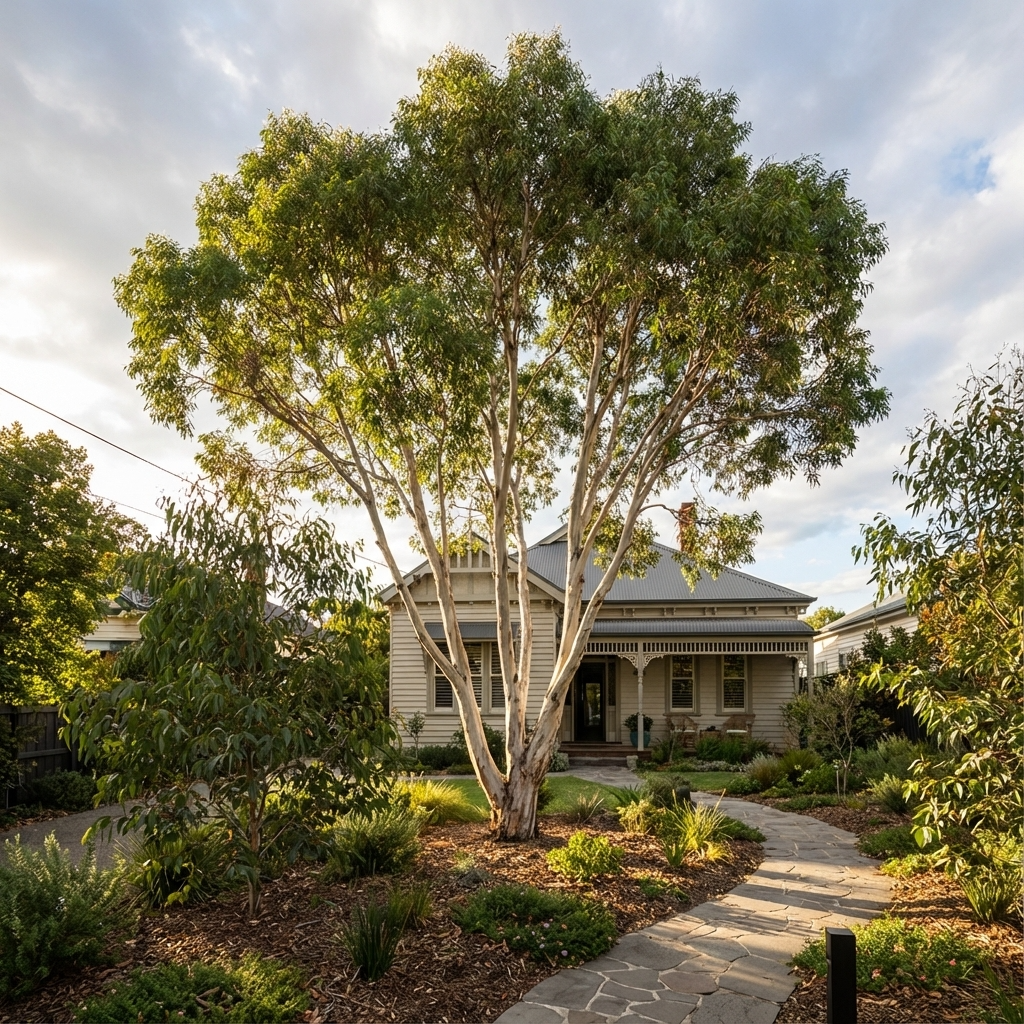 A large White Peppermint - Eucalyptus pulchella, an Australian native tree, stands before a house with a stone path winding through the landscaped garden.