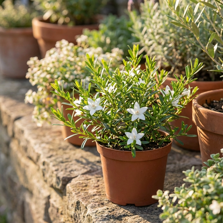 Potted White Star Waxflower (Crowea exalata 'White Star') with star-shaped white flowers on a stone ledge, surrounded by other potted plants in sunlight.