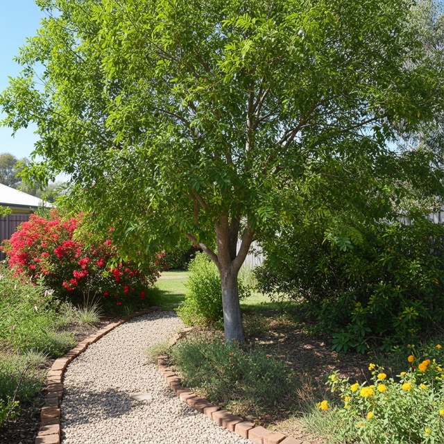 A gravel path winds through a garden featuring a White Tamarind (Elattostachys xylocarpa), flowering bushes, and green grass.