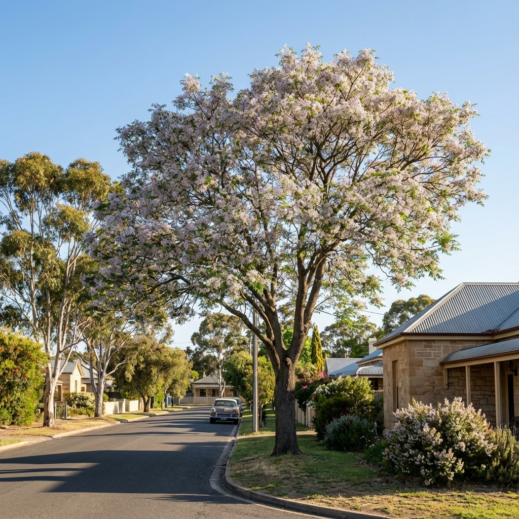 A fast-growing shade tree, the White Cedar (Melia azedarach), displays fragrant spring blooms beside a quiet suburban street lined with houses and parked cars, filling the air with its scent.