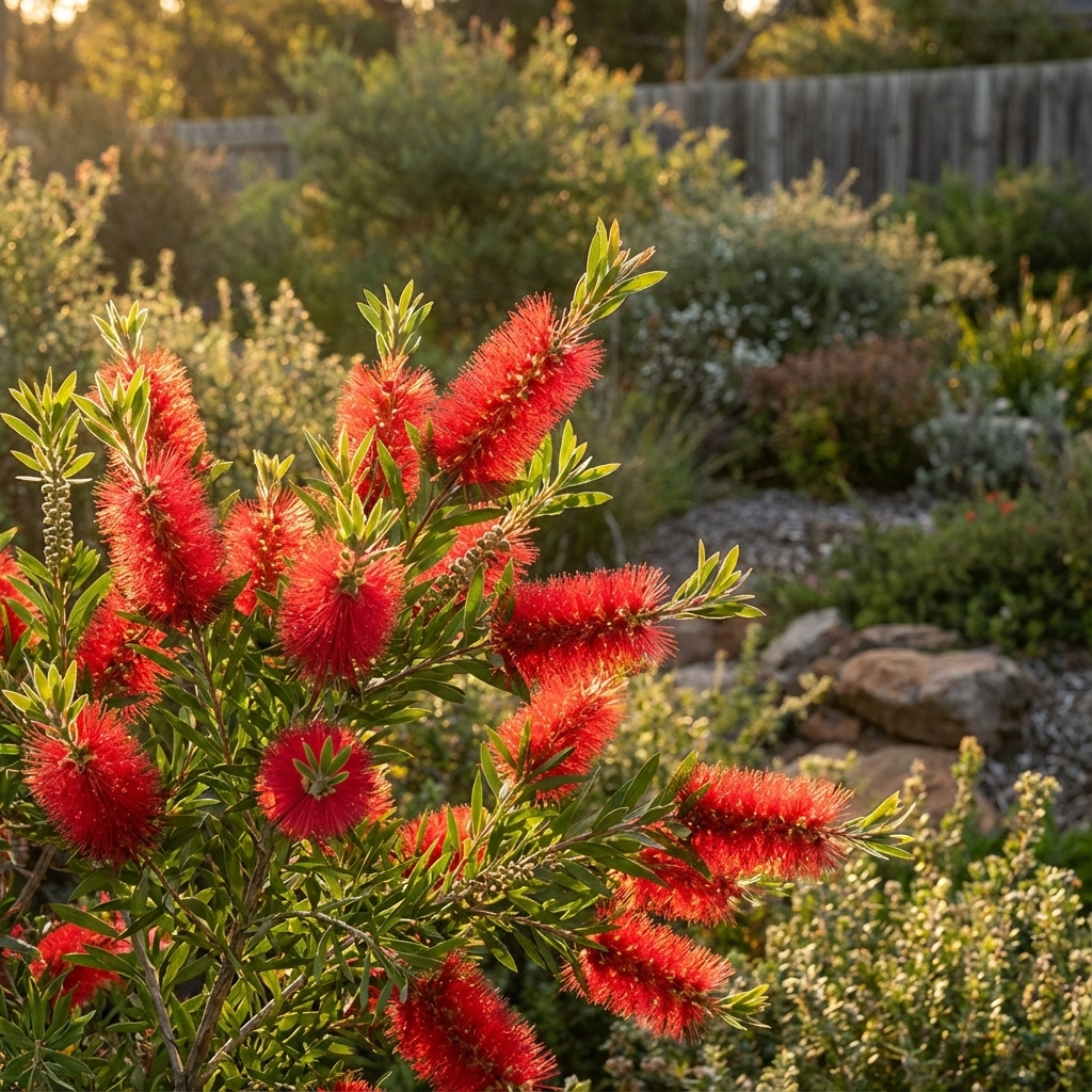 Wildfire Bottlebrush - Callistemon viminalis 'Wildfire' features vivid red blooms and lush foliage, ideal for sunny gardens. This drought-tolerant plant flourishes in dry conditions, adding color and resilience to your landscape.