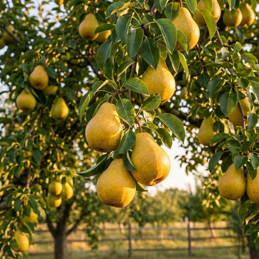 Williams Pear - Pyrus communis 'Williams' fruiting on the tree in a sunny orchard—a perfect choice for your home orchard.