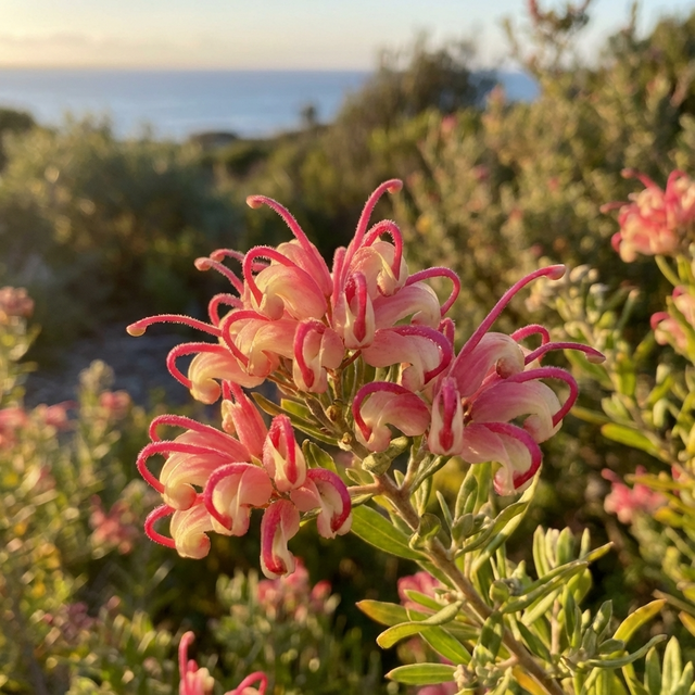 Winter Delight Grevillea (Grevillea lanigera x lavandulacea 'Winter Delight') features pink and cream flowers in winter. This drought-tolerant shrub enhances any garden with its vibrant blooms, green foliage, and resilience.