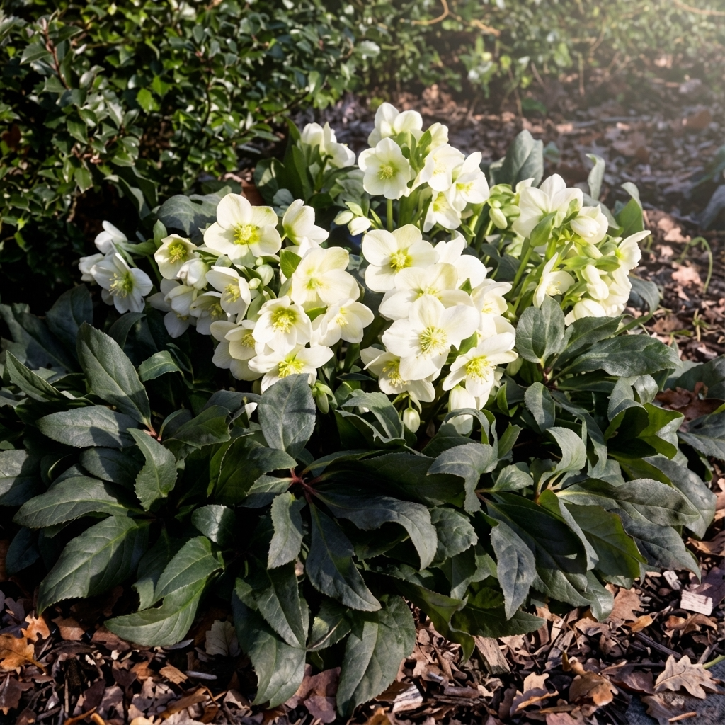 Winter Rose - Hellebore ‘Ice Breaker Max’ features white winter blooms and dark green leaves, creating a striking evergreen shade plant for your garden bed, even among fallen leaves.