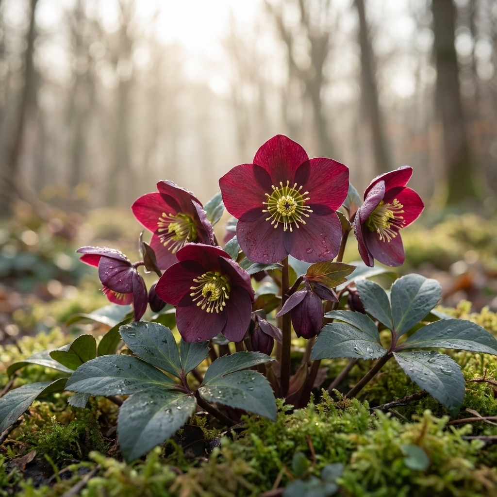 Winter Rose - Hellebore ‘Ice n Roses Merlot’ features dark red blooms and thrives as an evergreen shade plant on a mossy forest floor, flourishing with dappled sunlight.