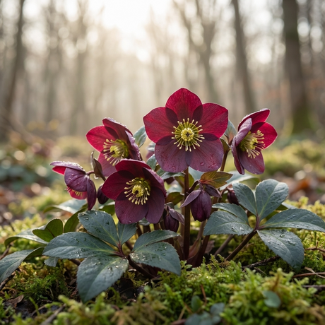 Winter Rose - Hellebore ‘Ice n Roses Merlot’ features dark red blooms and thrives as an evergreen shade plant on a mossy forest floor, flourishing with dappled sunlight.