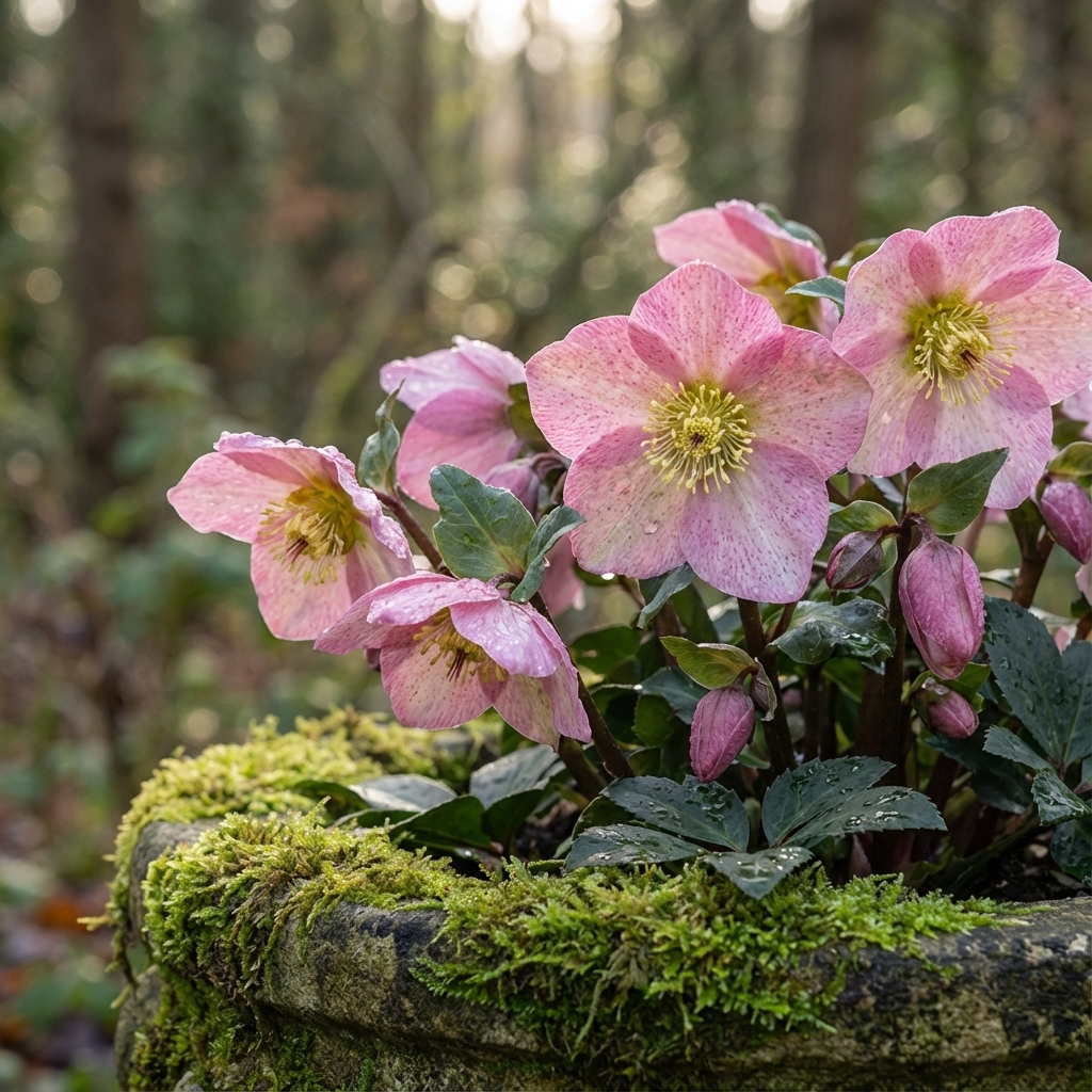 Winter Rose - Hellebore ‘Winter Ballet Katie’ blooms in a mossy stone planter against a sunlit, blurred woodland backdrop—perfect for adding winter interest to shade gardens.