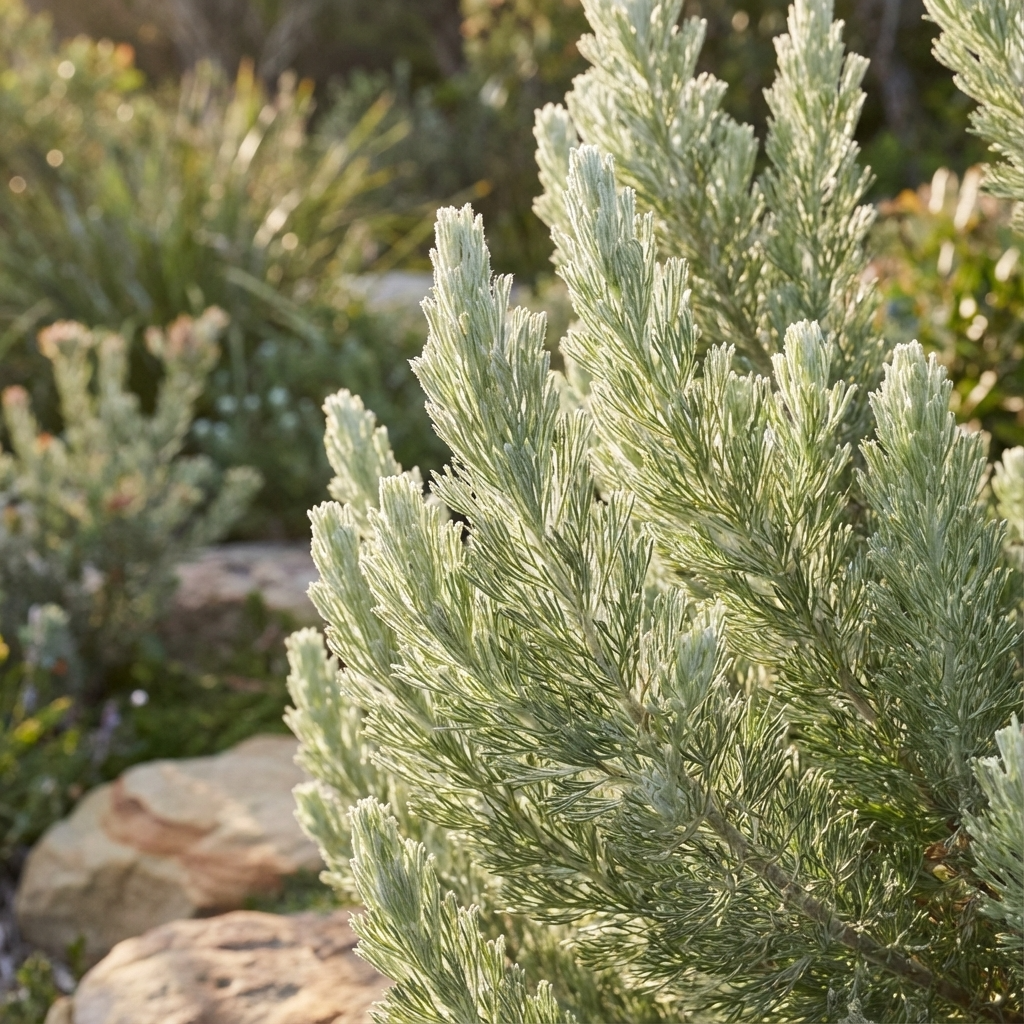 Woolly Bush - Adenanthos prostrate is a sunlit, silvery-green shrub with needle-like leaves, perfect for coastal gardens; it stands out against rocks and greenery in the landscape.