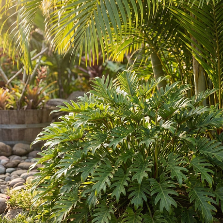 Lush tropical plants, featuring the Xanadu Philodendron (Philodendron xanadu), thrive among palm leaves in a sunlit garden with rocks and a wooden planter in the background.