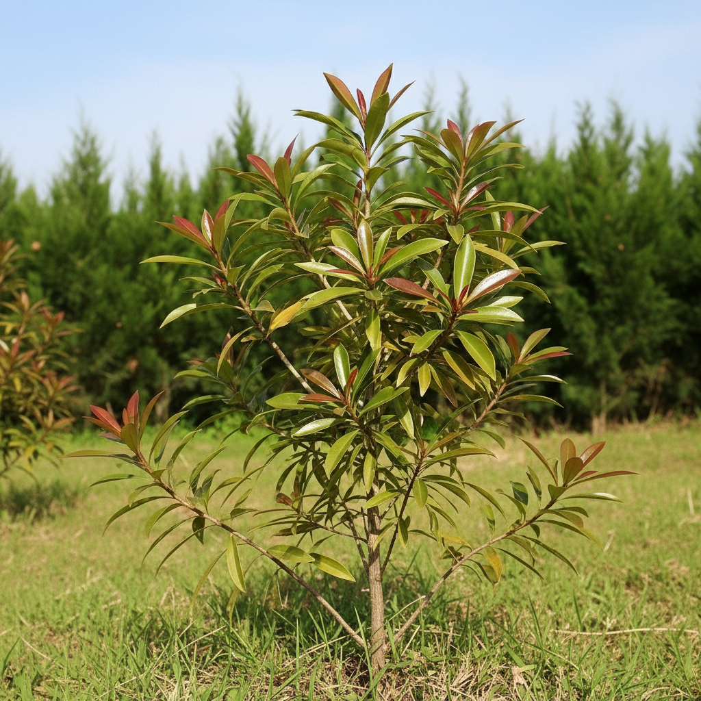 A young Golden Penda - Xanthostemon ‘Little Goldie’ shrub with red-tipped leaves and golden-yellow flowers grows in a grassy field, with trees in the background.