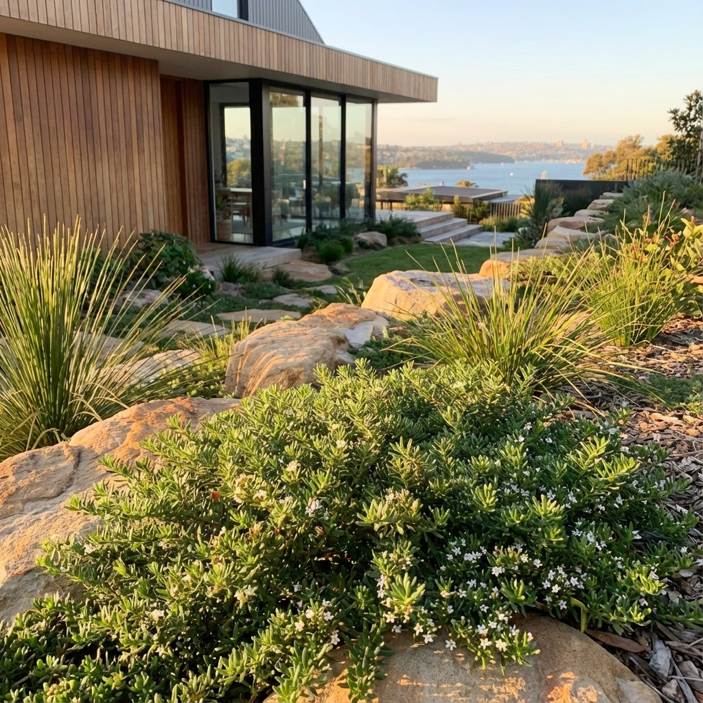 Modern home with wooden siding, large windows, rocks, and lush greenery featuring Yareena Myoporum (Myoporum parvifolium 'Yareena') as a drought-tolerant evergreen ground cover, all overlooking a peaceful water view.