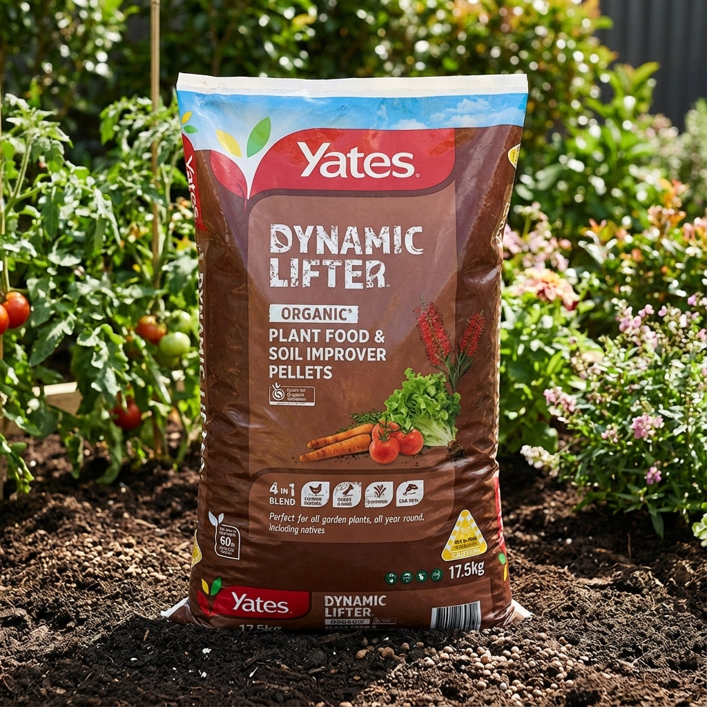 A bag of Scotts Osmocote Plus 50L Tomato, Vegetable and Herb Premium Planting Mix sits in a garden surrounded by thriving tomato plants.