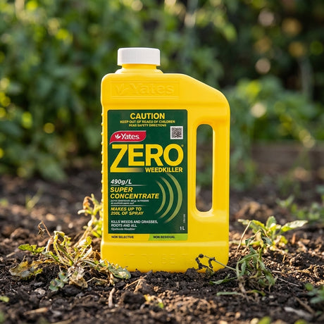 A yellow bottle of Yates 1L 490g/L Zero Weed Killer Super Concentrate sits on soil with plants in the background, providing economical weed control.