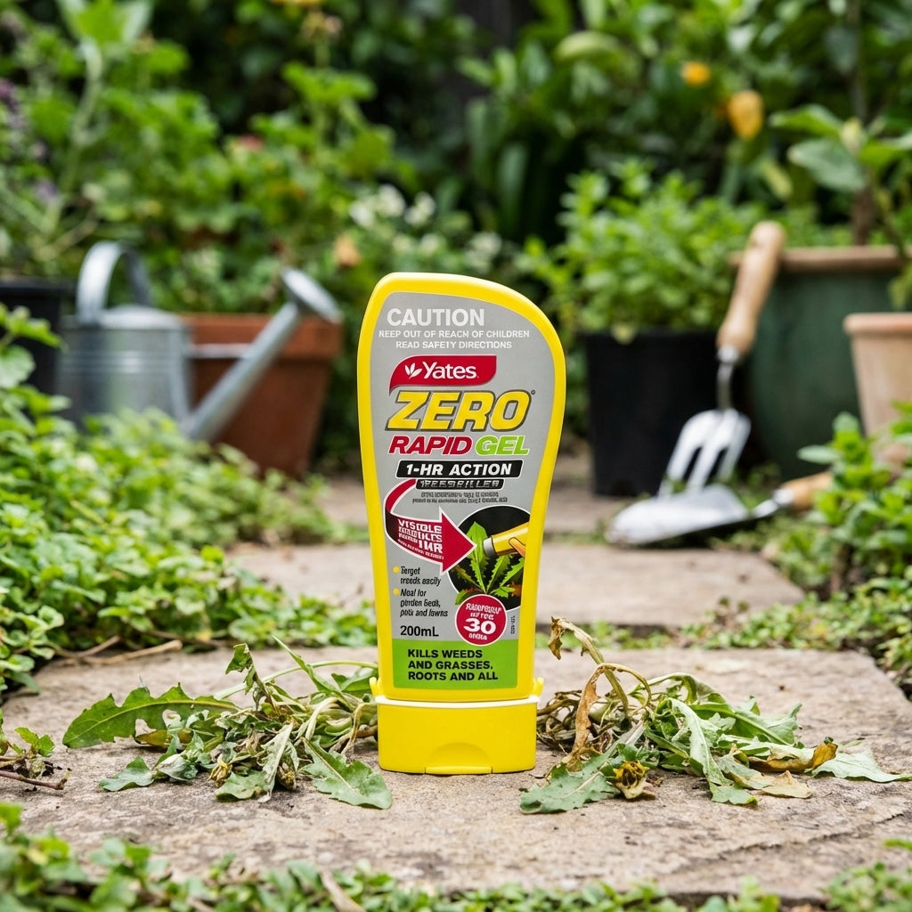 A 200ml bottle of Yates Zero Rapid Gel 1 Hour Action Weed Killer stands on a garden path among weeds and tools, ready for precise, targeted weed control.