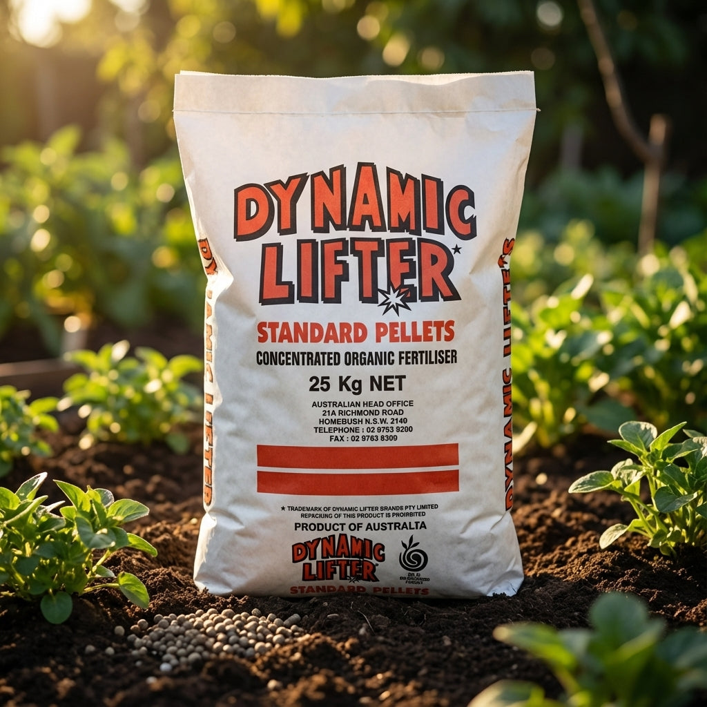 A 25kg bag of Yates Dynamic Lifter Standard Pellets Concentrated Plant Fertiliser enriches a vegetable garden with organic nutrients, boosting soil health and supporting vigorous plant growth.