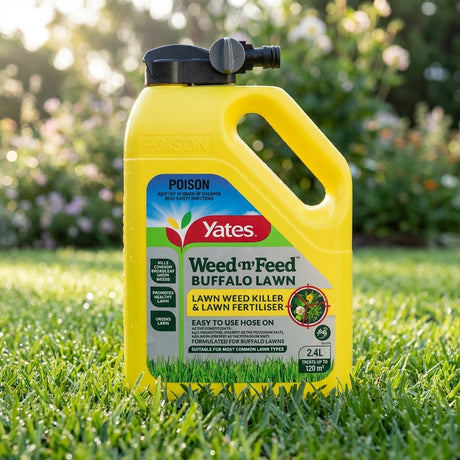 Roundup 5L Herbicide Liquid Concentrate Weedkiller bottle sits on grass with a garden and sunlight in the background—ideal for large-scale weed control on buffalo lawns.