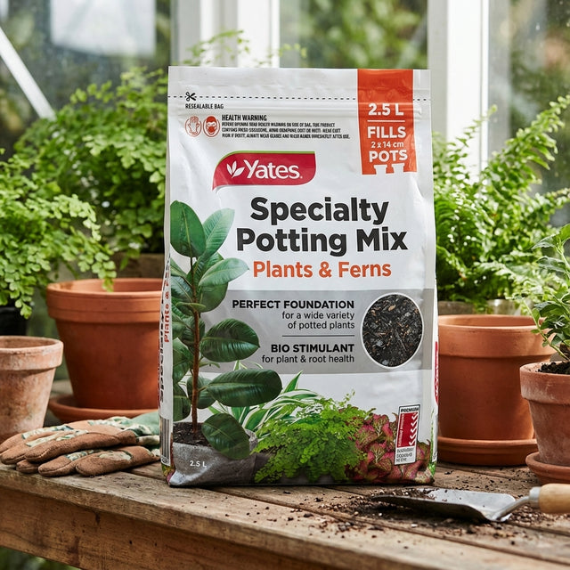 A Yates 2.5L Plants And Ferns Specialty Potting Mix sits beside a shovel and potted plants.