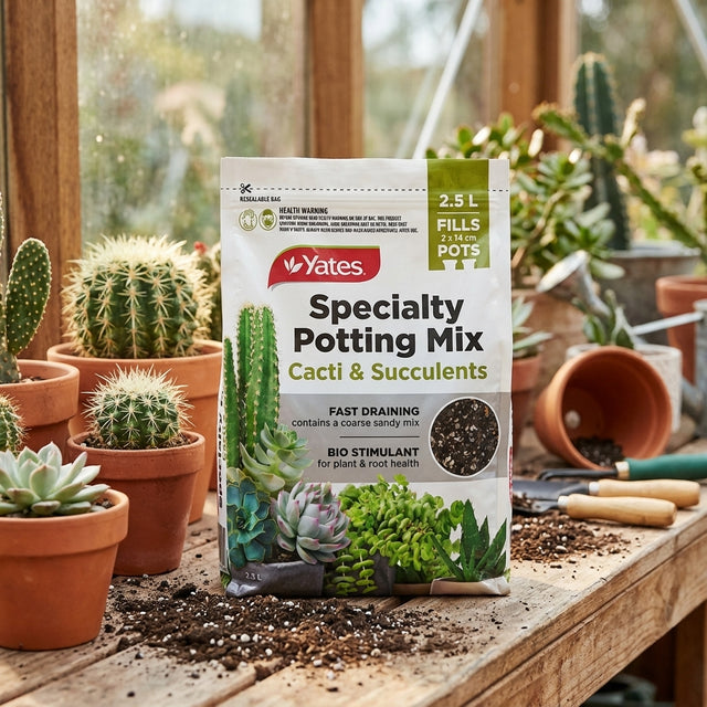 A bag of Seasol 10L Seed Raising And Cutting Potting Mix sits on a potting bench beside potted plants and Seasol GOLD, perfect for supporting healthy plant growth.