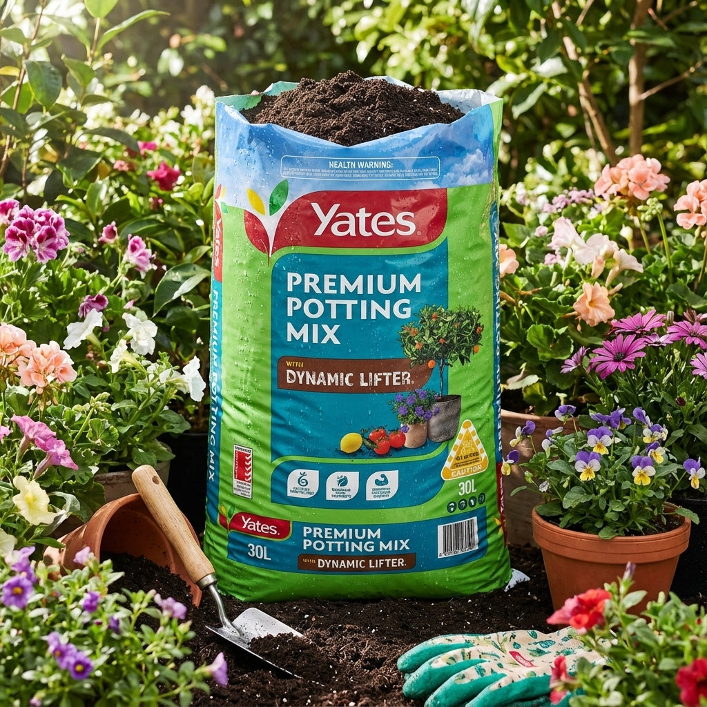 Bottle of Richgro 1L Black Marvel Tomato and Vegetable Food Liquid Fertiliser Concentrate next to fresh tomatoes, vegetables, gloves, and a trowel—ideal for boosting plant growth and giving your garden vibrant, healthy produce.