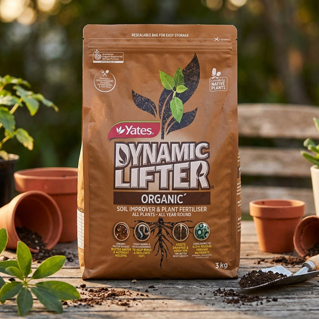 A 3kg bag of Yates Dynamic Lifter Soil Improver and Plant Fertiliser sits on a wooden table next to potted plants and soil.