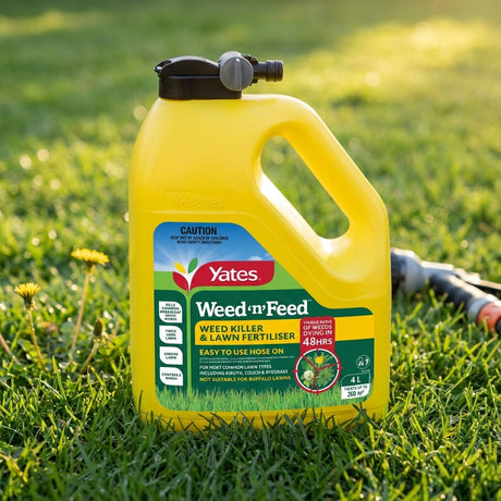 A Yates 4L Weed 'n' Feed Hose On Lawn Weed Killer bottle sits on green grass, ready for use, with a hose in the background.