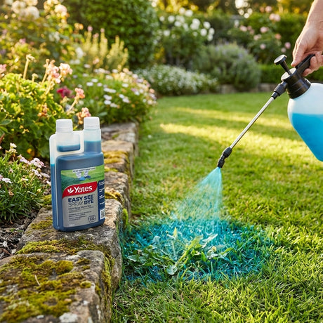 A person applies Yates 500ml Liquid Easy See Spray Dye as a visible spray indicator to lawn weeds in a garden.