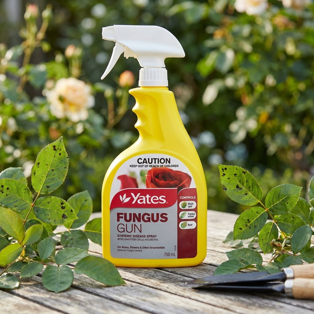 A Yates 750ml Fungus Gun Systemic Disease Spray sits on a table with rose leaves and gardening pruners—perfect for effective garden disease control.