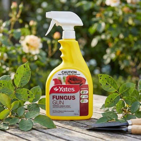 A Yates 750ml Fungus Gun Systemic Disease Spray sits on a table with rose leaves and gardening pruners—perfect for effective garden disease control.