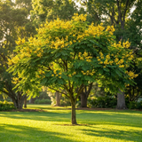 The Yellow Poinciana (Peltophorum pterocarpum), a small tropical ornamental tree, features bright yellow blooms as it decorates a sunlit, green park.