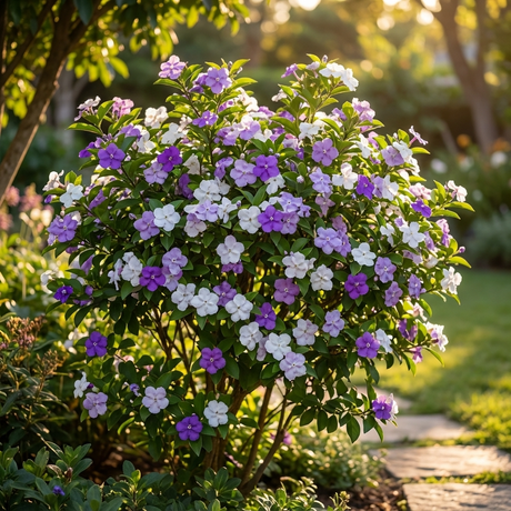 Yesterday Today Tomorrow ‘Sweet & Petite’ (Brunfelsia spp.) is a compact shrub showcasing vibrant purple and white blooms, perfect for brightening sunlit gardens alongside a stone path.