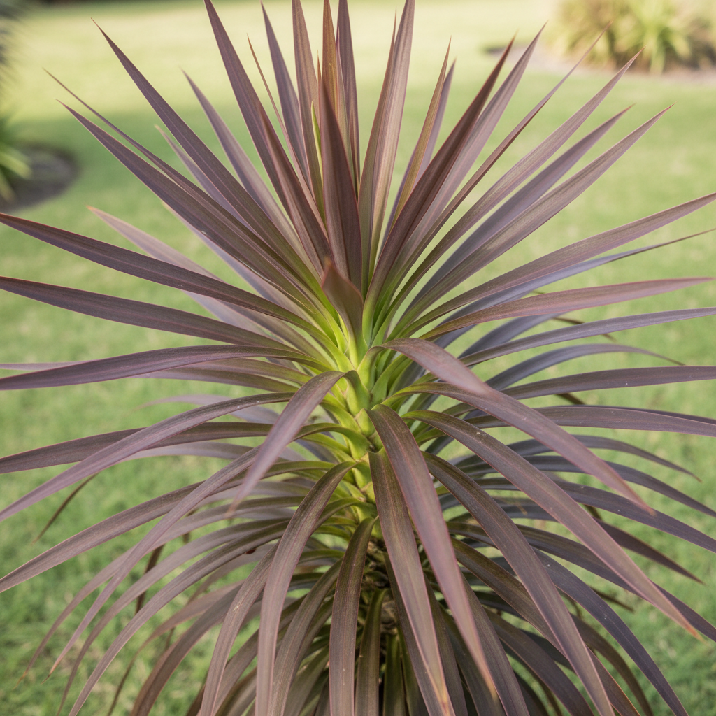 A close-up of Yucca desmetiana, a drought-tolerant plant with spiky, reddish-brown foliage and long, narrow leaves, set in a grassy outdoor area.