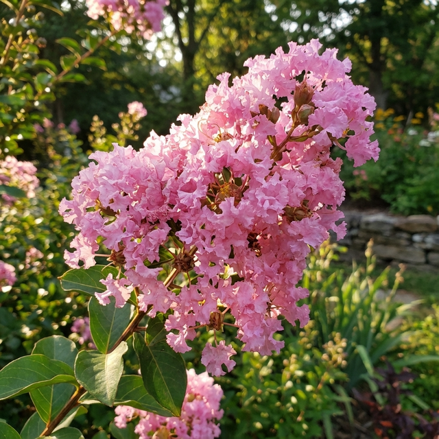 Pink blooms of the compact Yuma Crepe Myrtle - Lagerstroemia 'Yuma' stand out against green leaves and a sunlit garden with a stone wall, showcasing this vibrant ornamental tree.