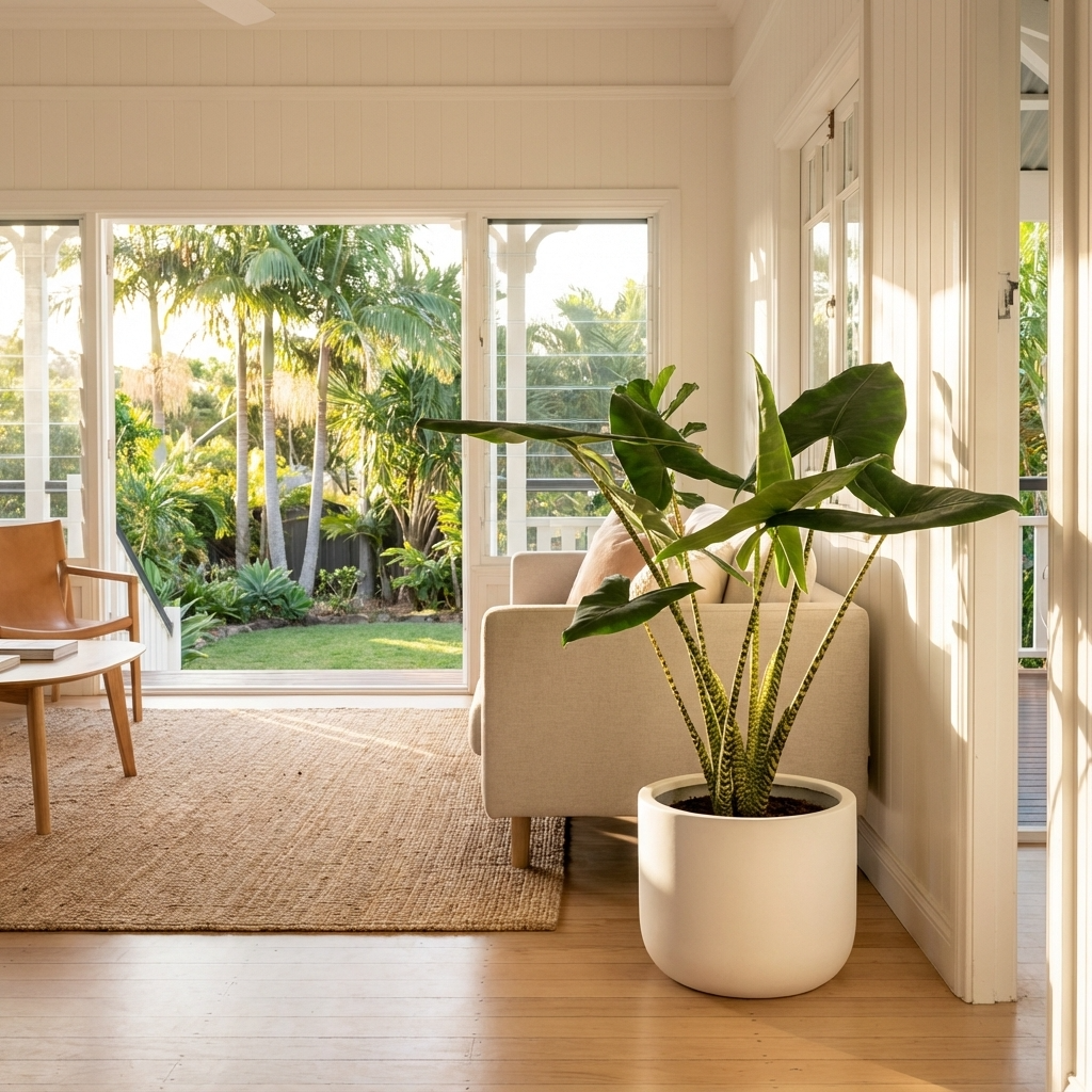 A sunlit living room with neutral furniture showcases a large Zebra Plant (Alocasia zebrina), bringing a tropical touch and offering a beautiful view of the lush green garden outside.