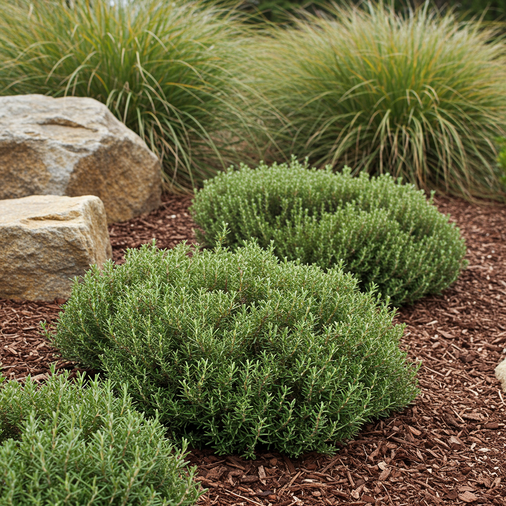 Zena Coastal Rosemary (Westringia fruticosa 'Zena'), a drought-tolerant shrub, thrives in mulch with ornamental grasses and rocks in the background.