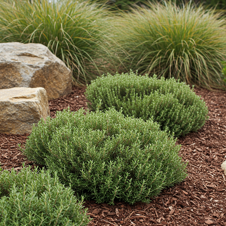 Zena Coastal Rosemary (Westringia fruticosa 'Zena'), a drought-tolerant shrub, thrives in mulch with ornamental grasses and rocks in the background.