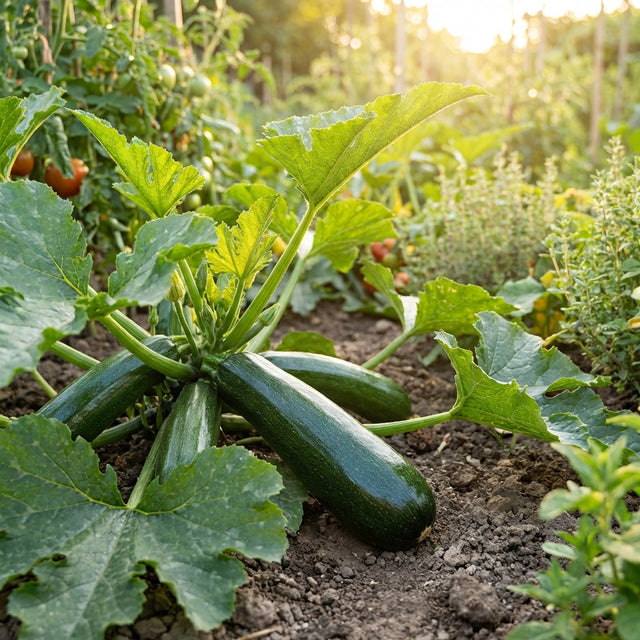 Zucchini Black Beauty (Cucurbita pepo) with dark green fruits growing in sunlit, fertile soil, surrounded by lush green leaves in a vibrant vegetable garden.