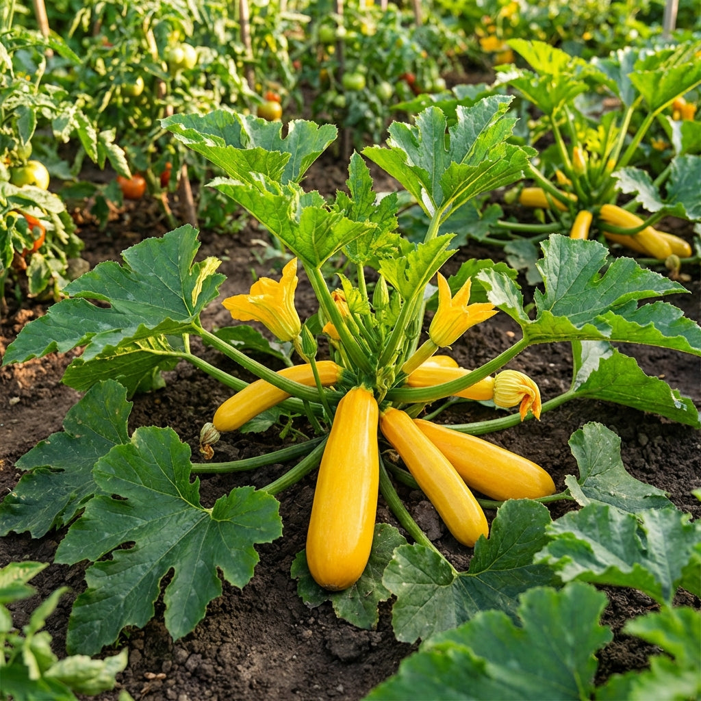 Zucchini Gold Rush F1 (Cucurbita pepo) is a high-yielding golden zucchini variety that grows on a plant with lush green leaves in rich garden soil.